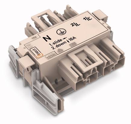 Elektrický víceportový konektor. Značení ukazuje polaritu 'N', '1', '2' a proudovou zátěž 16A.