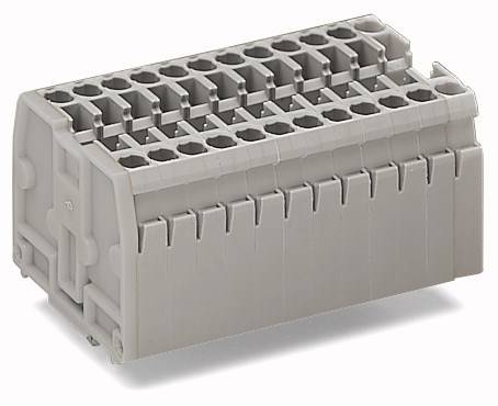 Šedý elektronický konektor s několika připojovacími body, používaný pro zapojování v rozvaděčích.