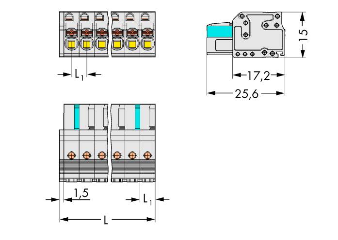 Technický výkres elektrického konektoru z boční a čelní pohledové perspektivy s rozměry: 1,5 mm, 17,2 mm, 25,6 mm.