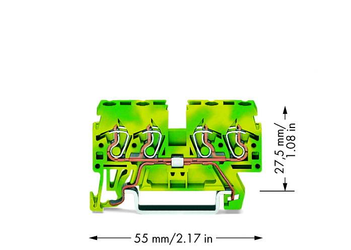Zeleno-žlutá svorka se dvěma drátovými připojeními. Rozměry: 55 mm široká a 27,5 mm vysoká. Výkres zobrazuje vnitřní propojení a údaje o velikosti.