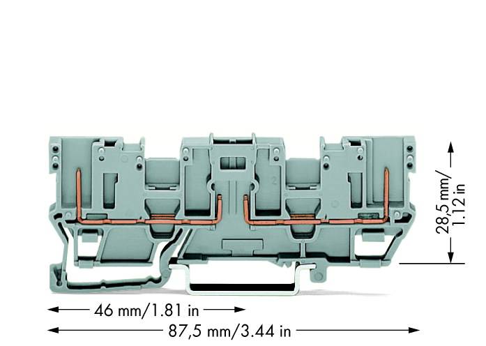 Zelená svorka o rozměrech 46 mm x 87,5 mm x 28,5 mm. Jsou viditelné vodicí drážky pro vodiče.