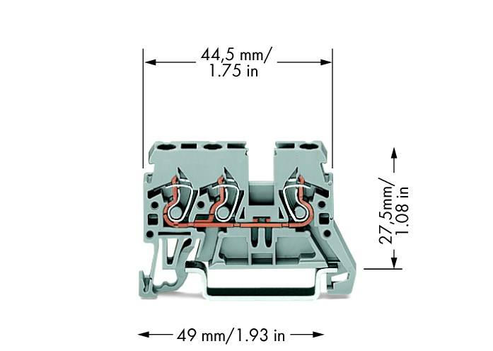 Příčný řez elektrické svorky s rozměry: šířka 44,5 mm (1,75 palce), výška 27,5 mm (1,08 palce), délka 49 mm (1,93 palce).
