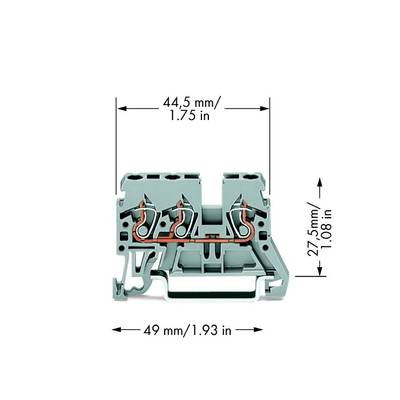 Příčný řez elektrické svorky s rozměry: šířka 44,5 mm (1,75 palce), výška 27,5 mm (1,08 palce), délka 49 mm (1,93 palce).