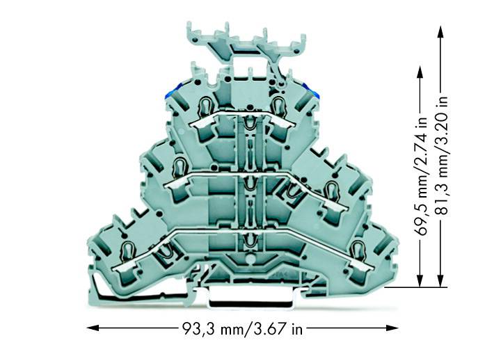 Na obrázku je šedá třístupňová svorková lišta s rozměry: šířka 93,3 mm, výška 81,3 mm, hloubka 69,5 mm.