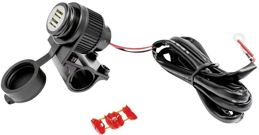 USB nabíjecí adaptér do vozidla se dvěma USB porty, držákem a kabelem, vhodný pro připojení k elektrickým systémům.