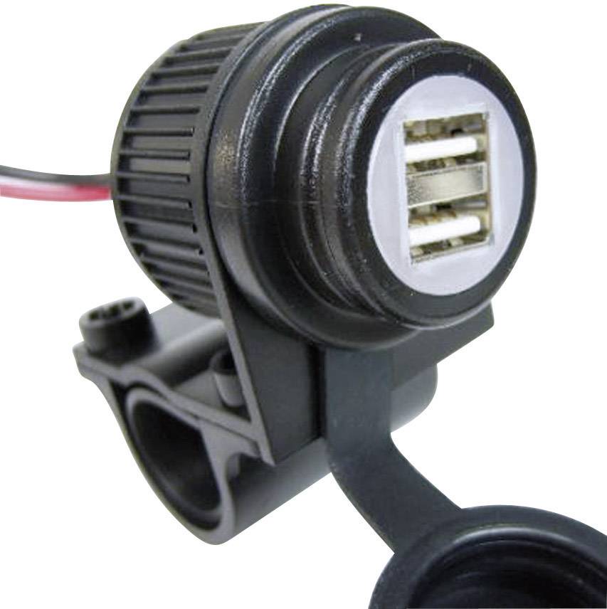 Černý USB nabíjecí adaptér na řídítka se dvěma porty, montovatelný na jízdní kola nebo motocykly, s ochranným krytem a kabelem.