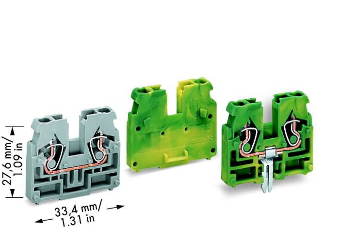 Tři barevné svorky s otevřeným vnitřkem vpředu znázorňují elektrické zapojení. Rozměry: 27,6 mm x 33,4 mm.