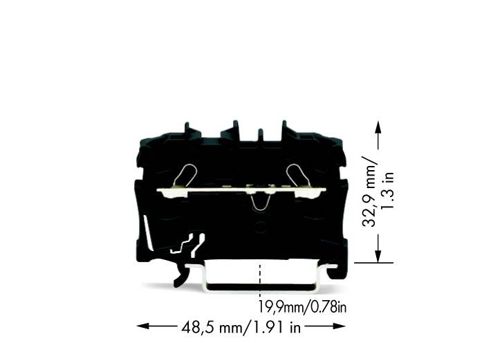 Příčný řez černé součástky s rozměry: 32,9 mm vysoká, 19,9 mm široká, 48,5 mm dlouhá.