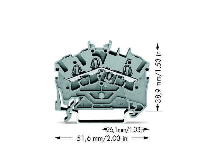 Šedá svorkovnice s rozměry: 26,1 mm šířka, 38,9 mm výška, 51,6 mm délka.