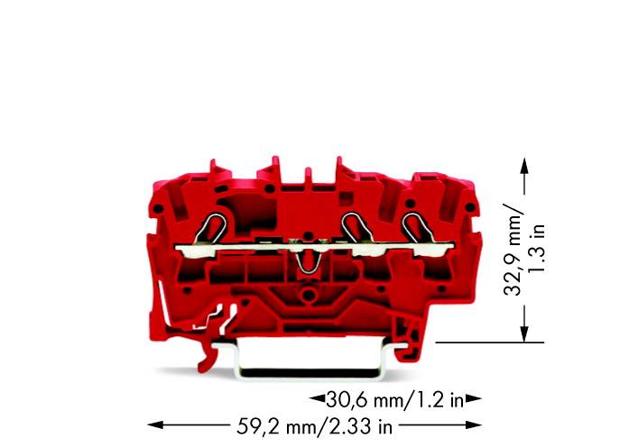Červený elektrický konektor s kovovými svorkami, obklopený rozměry: šířka 59,2 mm, výška 32,9 mm a hloubka 30,6 mm.