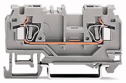 Příčný řez šedé, vícevrstvé mechanické součástky s oranžovým vodičem, zobrazující vnitřní strukturu a propojení.