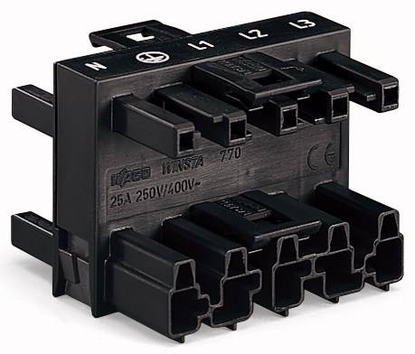 Černý elektrický víceportový konektor označený štítky 'N', 'L1', 'L2', 'L3', určený pro napětí 25A 250V/400V.