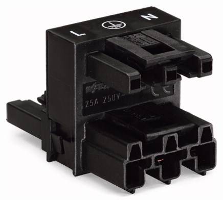 Černý elektrický konektor se třemi svorkami, označený štítky 'L', 'N' a symbolem uzemnění, vhodný pro 25A, 250V.
