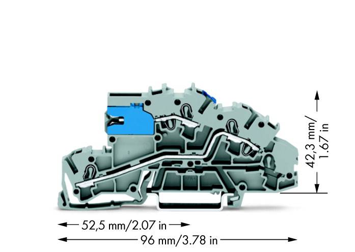 Příčný řez elektrickým konektorem s rozměry 52,5 mm x 96 mm x 42,3 mm. Hlavní komponenta vyznačena modře.