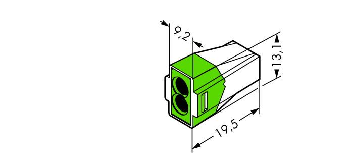 Obrázek konektoru: zvýrazněn zeleně, rozměry 9,2 x 13,1 x 19,5 mm, technický výkres se zdůrazněnými rozměry.