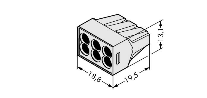 Technický výkres šestipólového konektoru s rozměry: šířka 18,8 mm, délka 19,5 mm, výška 13,1 mm.