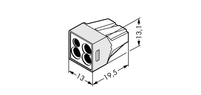 Kabelový konektor o rozměrech 19,5 mm x 13 mm x 13,1 mm, zobrazuje čtyři kruhové kontakty a je zobrazen šikmo.