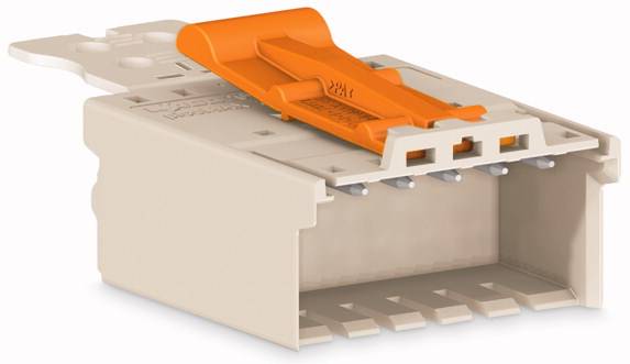 Béžový konektor s oranžovou pákou vhodný pro elektrické aplikace, který zobrazuje čtyři kolíky a otvor.