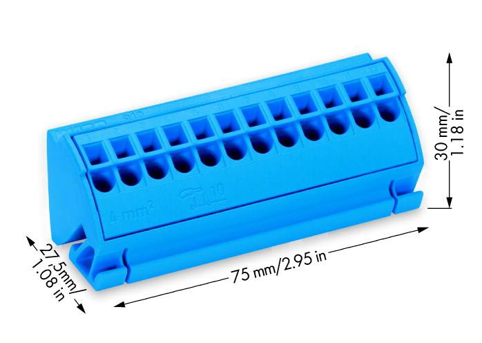 Modrý plastový kabelový blok s deseti otvory, zobrazený s rozměry: 75 mm délka, 27,5 mm šířka, 30 mm výška.