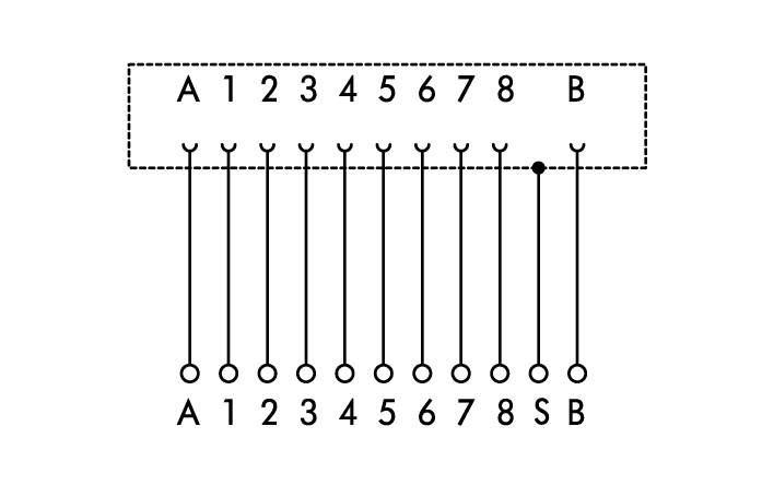 Diagram zobrazuje 8 vertikálních linek od 'A', '1-8' do 'B'; plus jedna dodatečná linka do 'S'. Propojení symbolizují elektrický obvod.