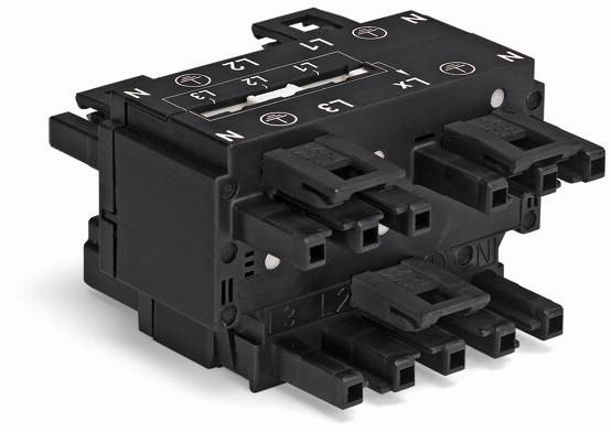Černý elektrický modul s několika konektory a popiskami.