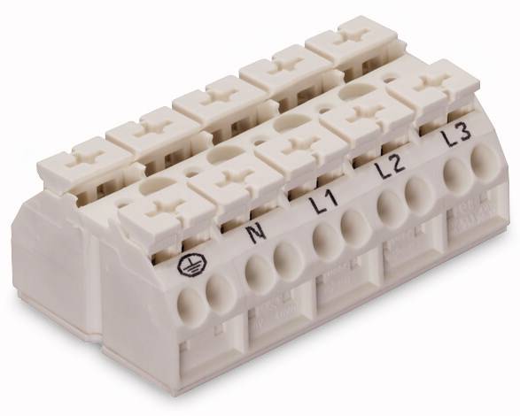 Bílá elektrická svorkovnice se šesti svorkami, označená 'N', 'L1', 'L2', 'L3', určená pro připojení elektrických vodičů.