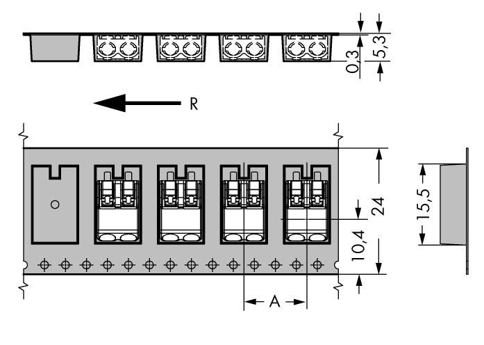 Technický výkres elektrického konektorového pouzdra s rozměry: 24 mm výška, 10,4 mm šířka, směrový šipka 'R'.