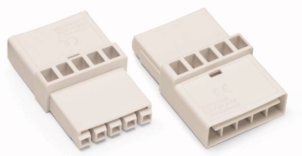 Dva bílé, obdélníkové konektory s několika připojovacími otvory, vhodné pro elektronické nebo elektrické spoje.
