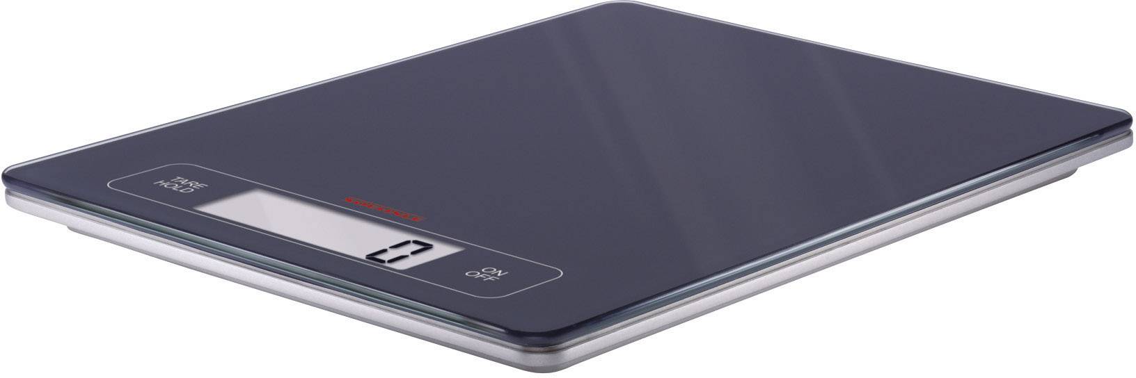 Elektronická kuchyňská váha s digitálním displejem ukazuje '0'. Elegantní, moderní design na hladkém povrchu.