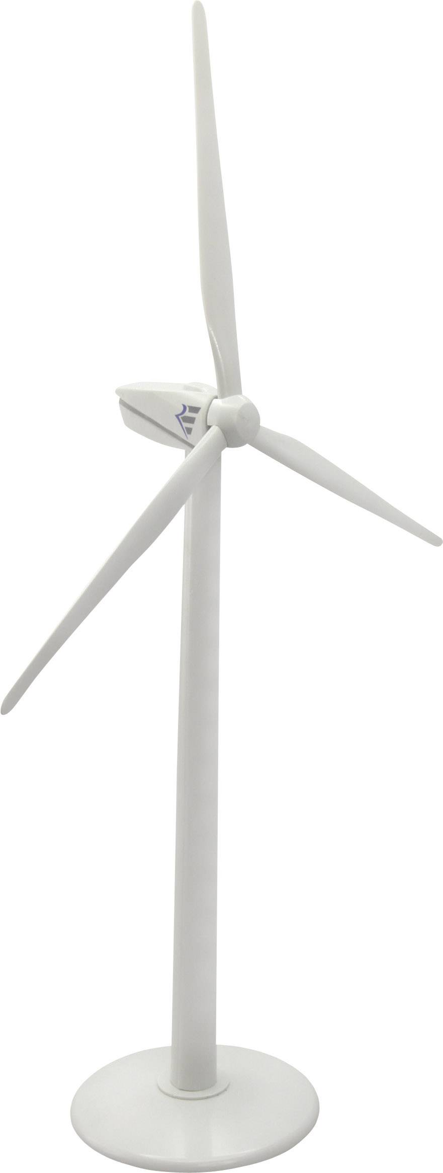 Bílý modelový větrný generátor se třemi lopatkami na kruhovém podstavci ukazuje příklad technologie obnovitelných zdrojů energie.