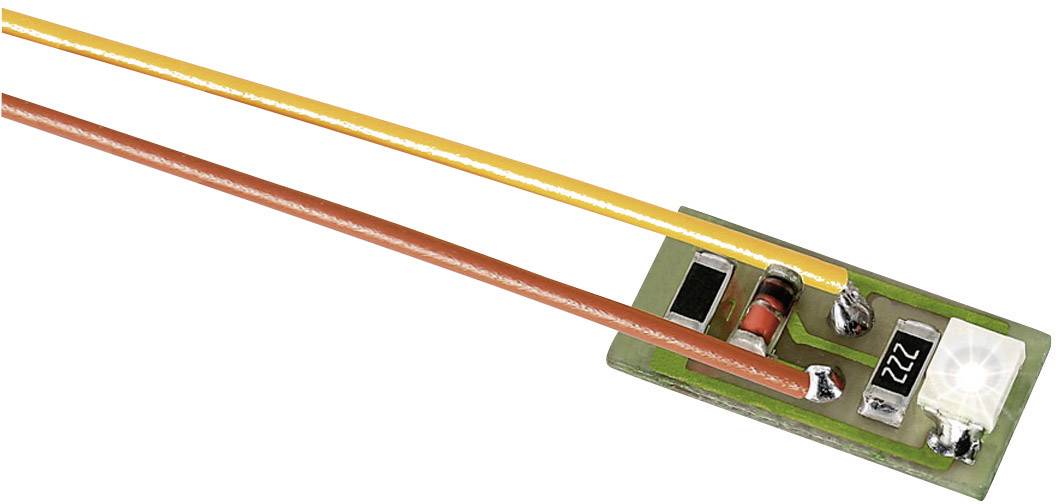 Malý elektronický modul se dvěma vodiči (červený, žlutý) a několika komponenty, včetně LED diody a černého odporu.