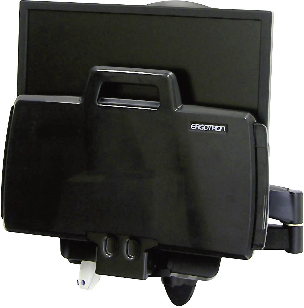 Černý držák monitoru od společnosti Ergotron namontovaný na stěně. Má rameno a poskytuje ergonomické umístění obrazovky.