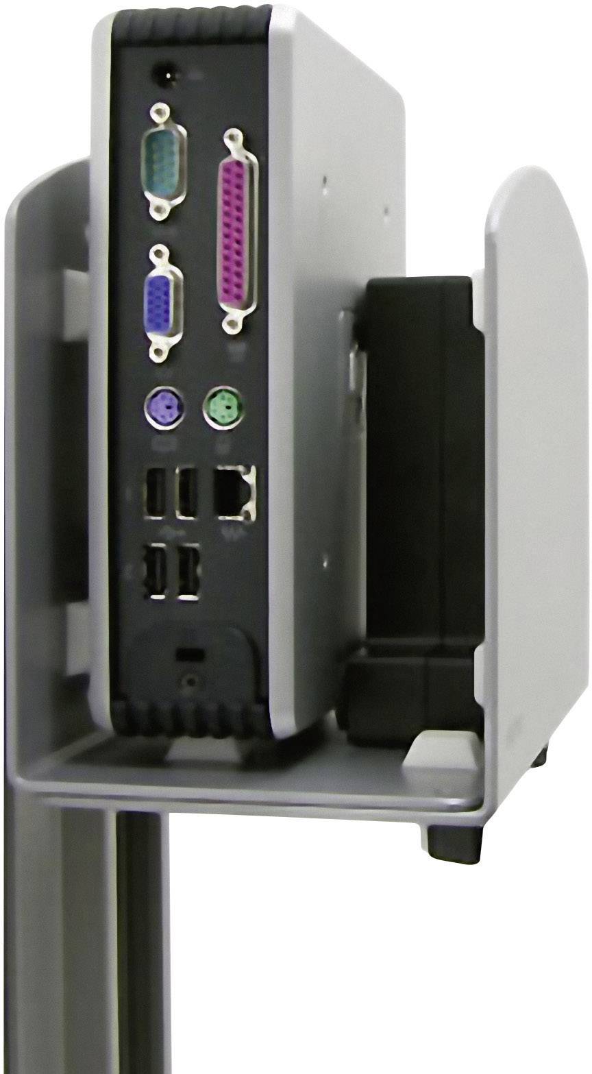 Šedý počítač s několika připojovacími rozhraními: VGA, paralelní port, PS/2, USB a Ethernet, upevněný v držáku.