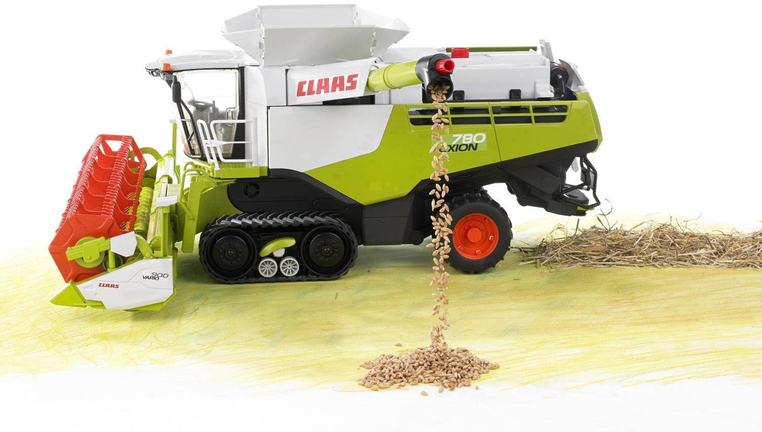 Zelený a bílý kombajn značky CLAAS sklízí obilí. Vlevo je červená žací lišta a vpravo vypadává sláma.