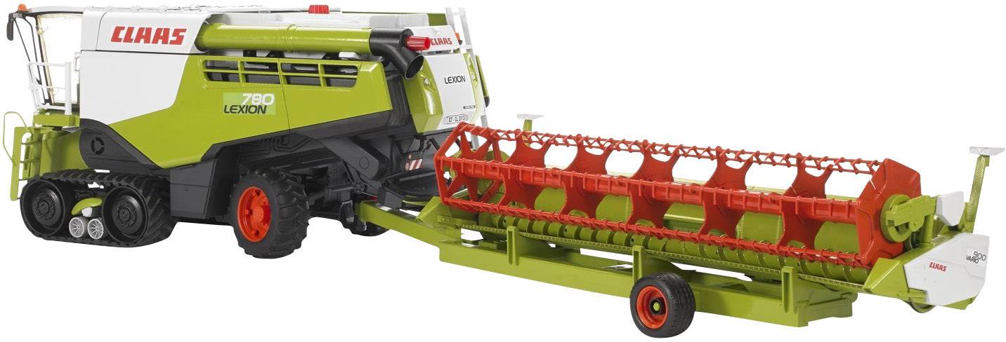 Světle zelený kombajn s nápisem 'CLAAS LEXION 780', připojený k červené žací liště, je zobrazen na displeji.