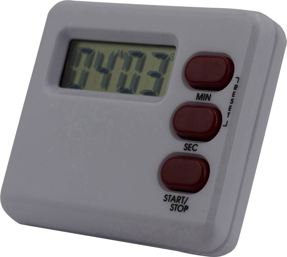 Digitální kuchyňský časovač zobrazuje na displeji '04:03'. Tři červená tlačítka pro minuty, sekundy a start/stop jsou viditelná vpravo.