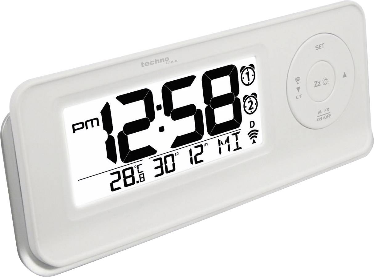 Digitální stolní hodiny s velkým LED displejem zobrazují '12:58 odp.', teplotu '28,8°C', datum '12. července', den v týdnu 'St'. Funkce: budík, WLAN.