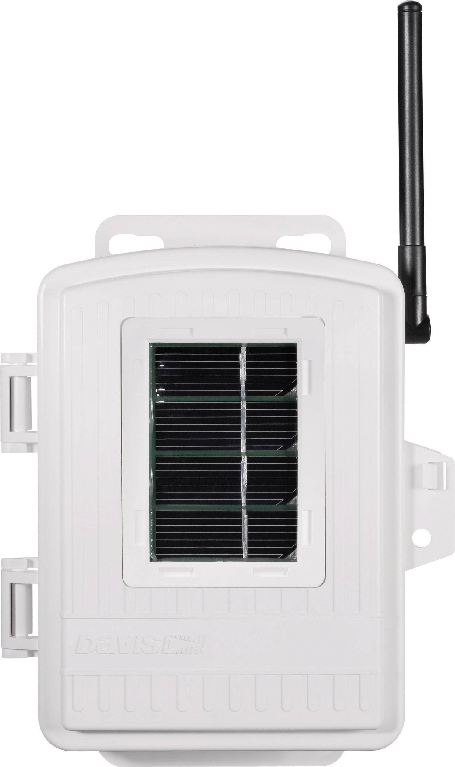 Bílé elektronické solární zařízení s anténou, používané pro komunikaci nebo senzoriku, pravděpodobně odolné vůči povětrnostním vlivům pro venkovní použití.