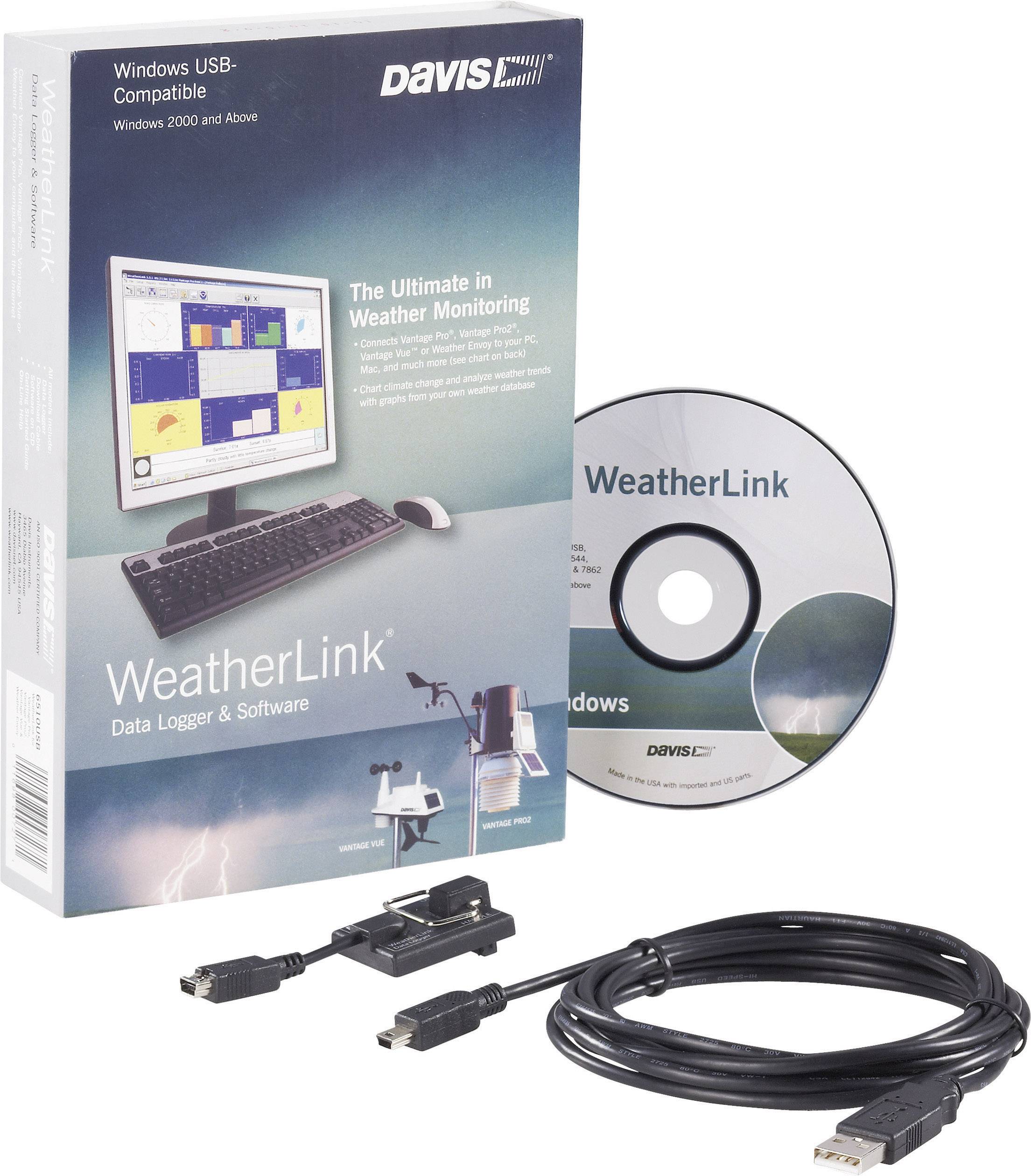 Software 'WeatherLink' v balení s CD a USB kabelem pro sledování počasí. Zobrazuje příkladové obrazovky a instalační diagramy.