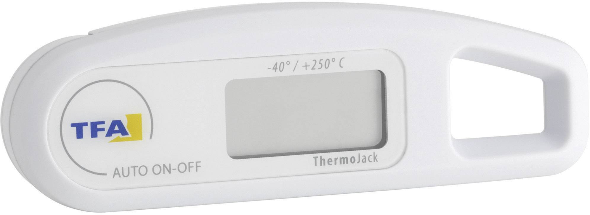 Digitální teploměr značky 'TFA', rozsah -40° až +250°C, obdélníkový displej a otvor pro úchop.