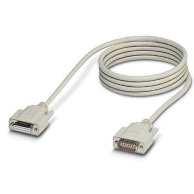 Béžový sériový kabel RS-232 s mužskými a ženskými D-Sub konektory, navinutý a znázorněný v přímém propojení.