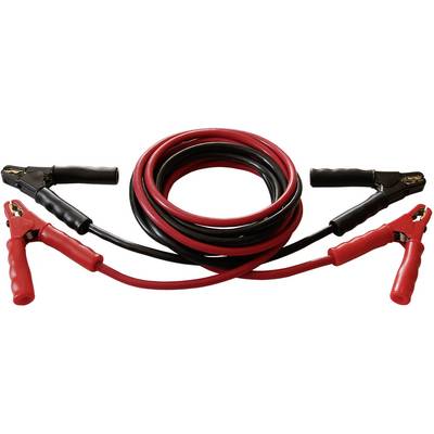 Červený a černý startovací kabel s svorkami na obou koncích, určený pro přemostění autobaterií.
