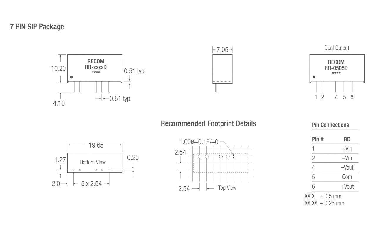 Diagram zobrazuje rozměry, doporučené stopy pro plošné spoje a zapojení pinů stejnosměrného měniče DC-DC od společnosti RECOM v pouzdře s 7 piny SIP.