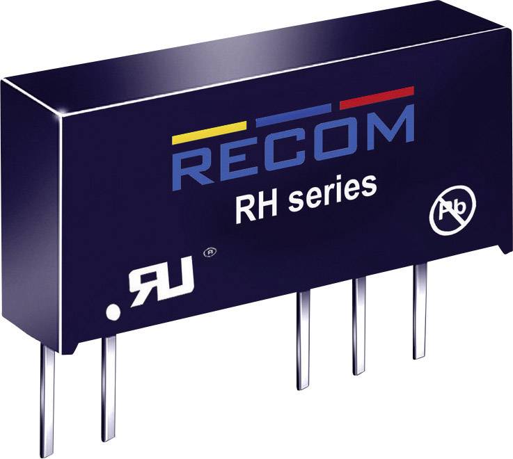 Napájecí zdroj série RECOM RH s čtyřmi kovovými kolíky, zobrazený z profilu. Černý kryt s logem značky a označením produktu.