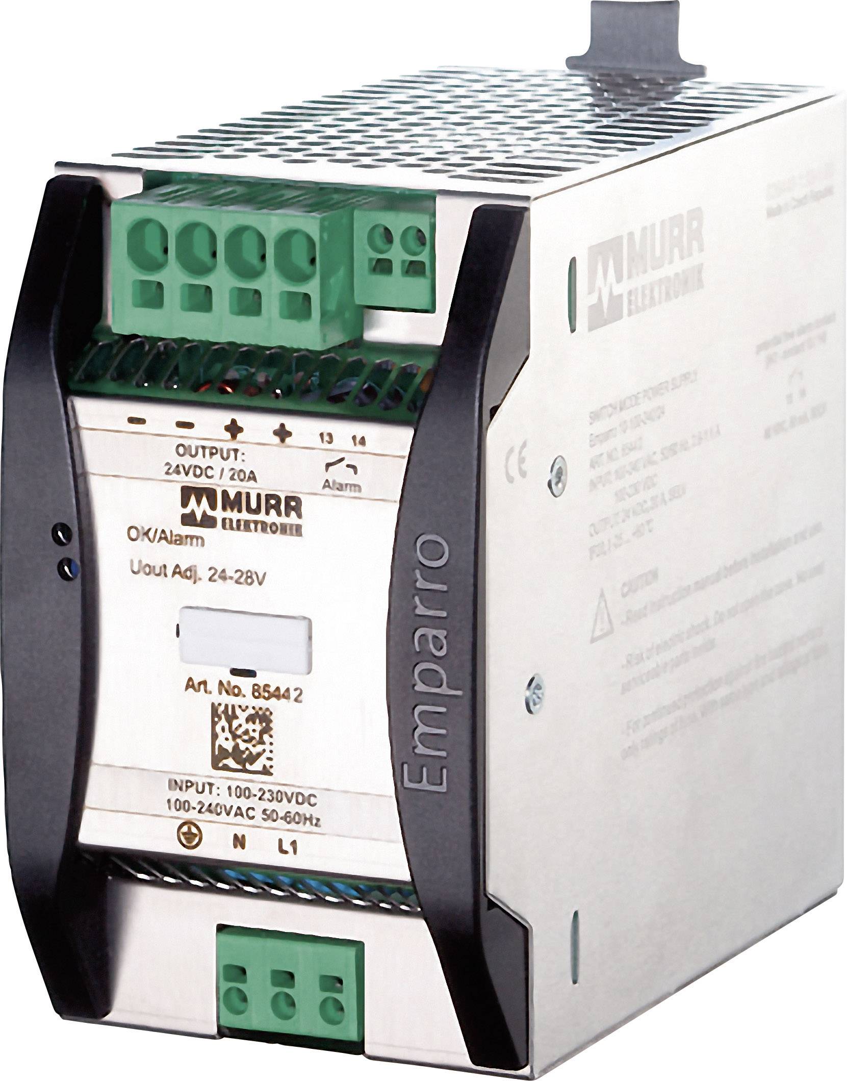 Spínaný napájecí zdroj od Murrelektronik se zelenými připojovacími svorkami a regulátorem; výstup: 24 VDC/20 A, vstup: 100-240 VAC.