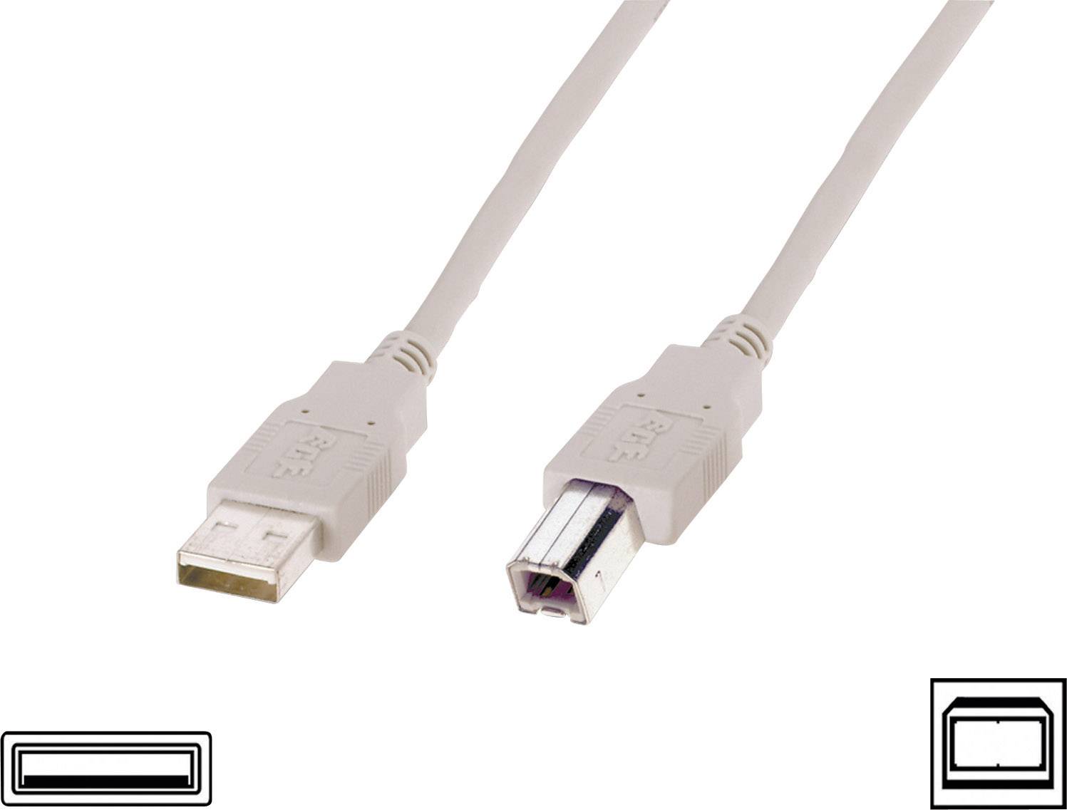USB kabel s dvěma různými konektory: vlevo typický USB-A konektor, vpravo čtvercový USB-B konektor.
