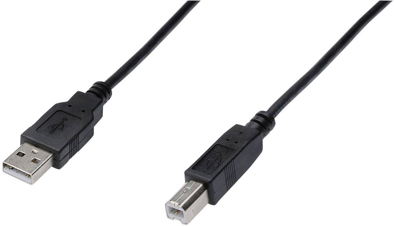 USB kabel se standardním USB-A konektorem vlevo a USB-B konektorem vpravo, používaný pro tiskárny a další zařízení.