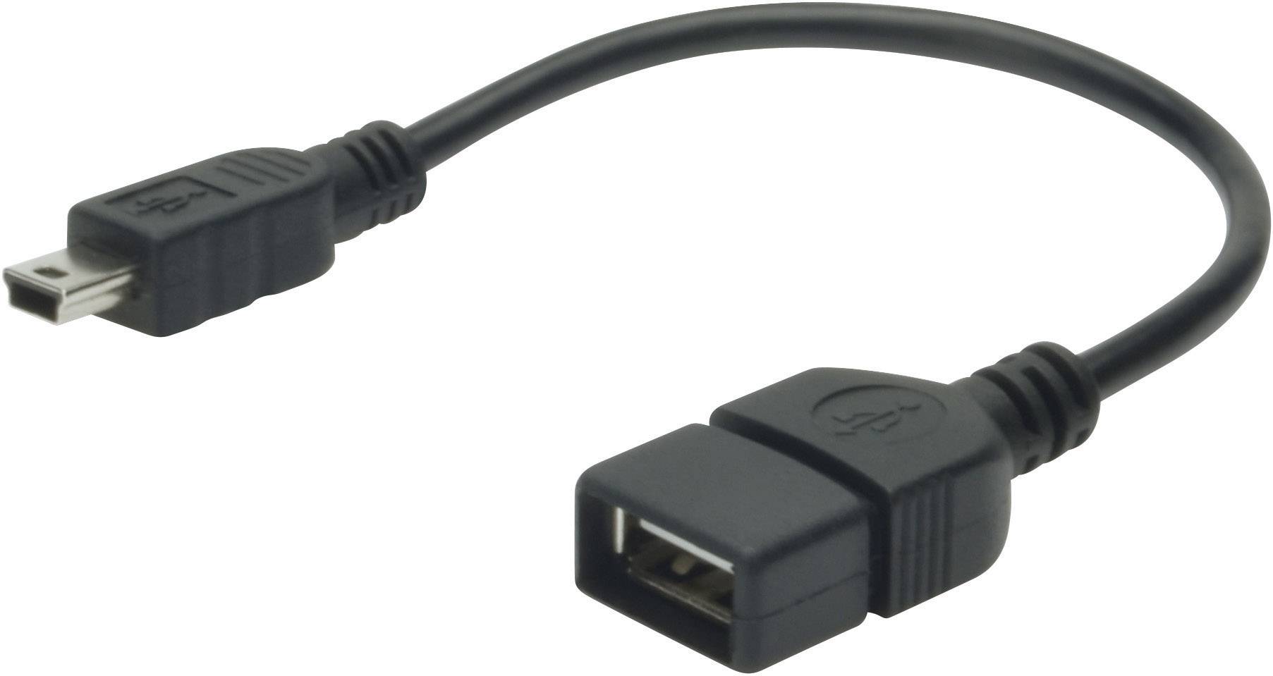USB adaptační kabel s Mini-USB konektorem a USB zdířkou, vhodný pro propojení zařízení s různými USB porty.