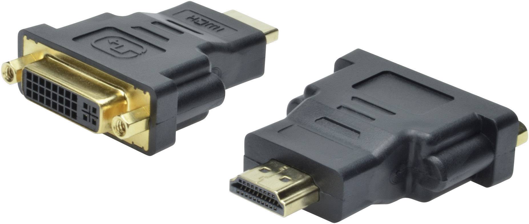 Dva video adaptéry: DVI na HDMI. Vlevo: DVI konektor, vpravo: HDMI konektor. Černá plastová pouzdra se zlatými kontakty.