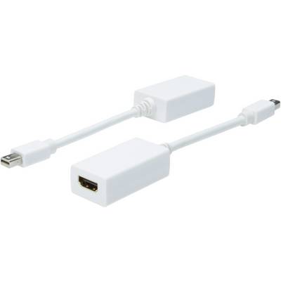 Dva bílé adaptérové kabely: nahoře Micro-HDMI na HDMI, dole Mini-DisplayPort na HDMI.